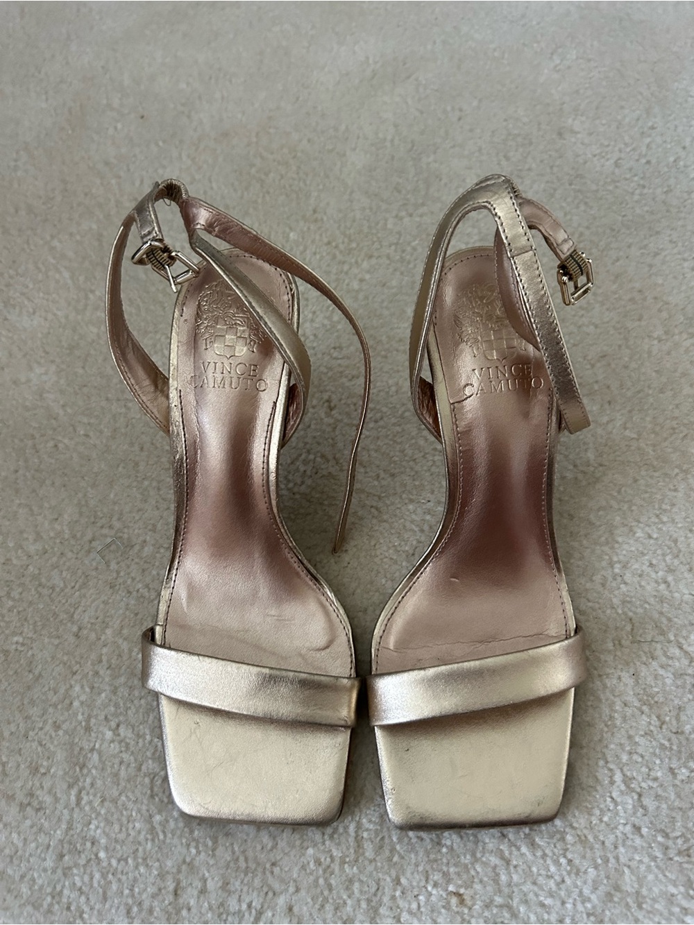 Vince Camuto Gold Ankle-Strap Square-Toe Heels - Picture 2 of 4